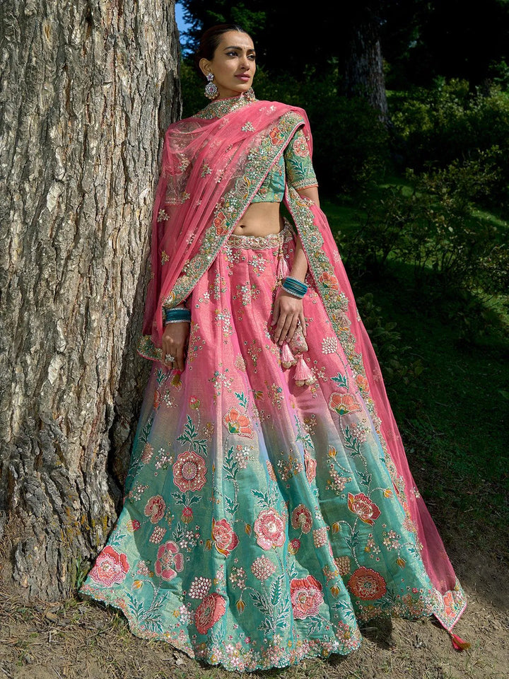 Sea Green And Pink Color Embroidered Work Traditional Designer Wear Lehenga Choli - VJV Now