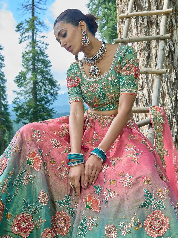 Sea Green And Pink Color Embroidered Work Traditional Designer Wear Lehenga Choli - VJV Now