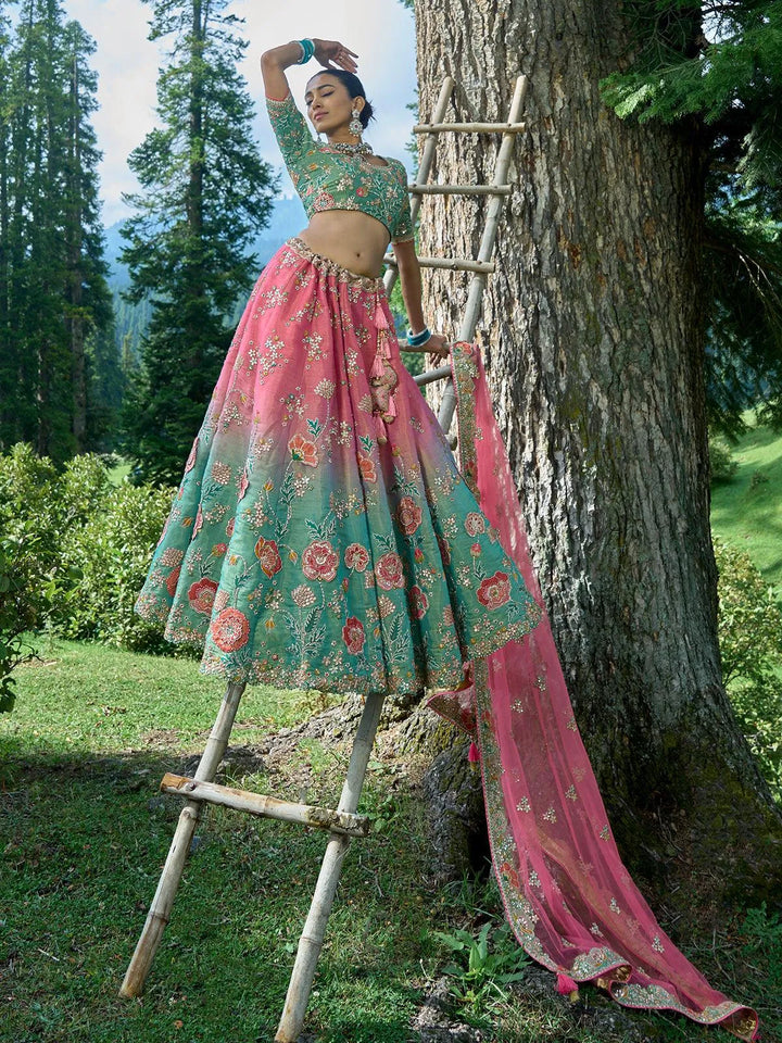 Sea Green And Pink Color Embroidered Work Traditional Designer Wear Lehenga Choli - VJV Now