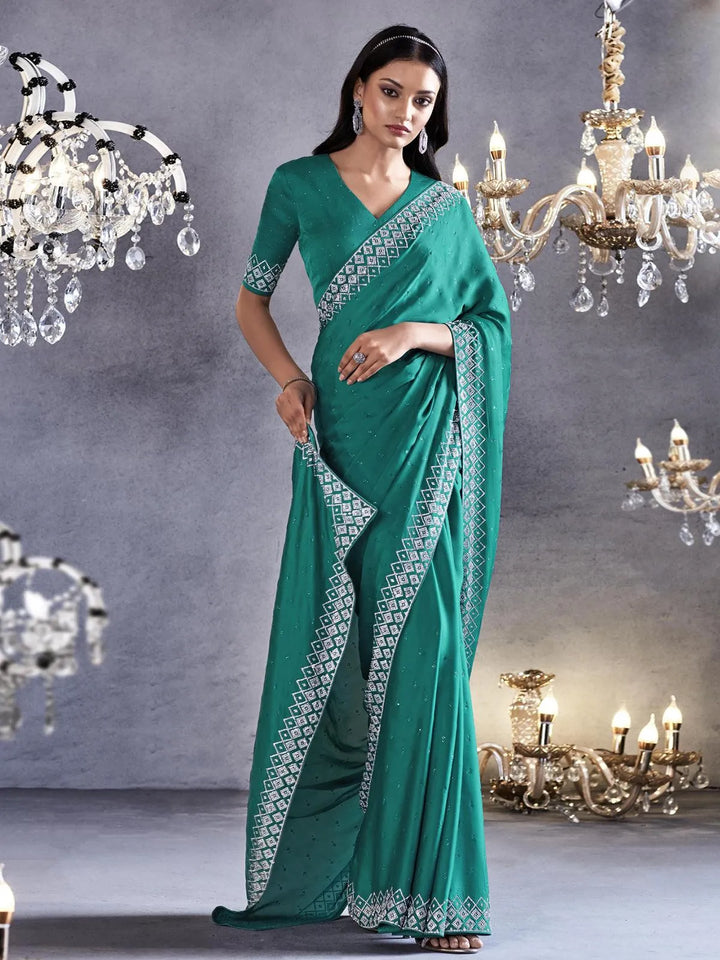 Sea Green Art Silk Georgette Silver Embroidered Border Design Saree Party Wear - VJV Now