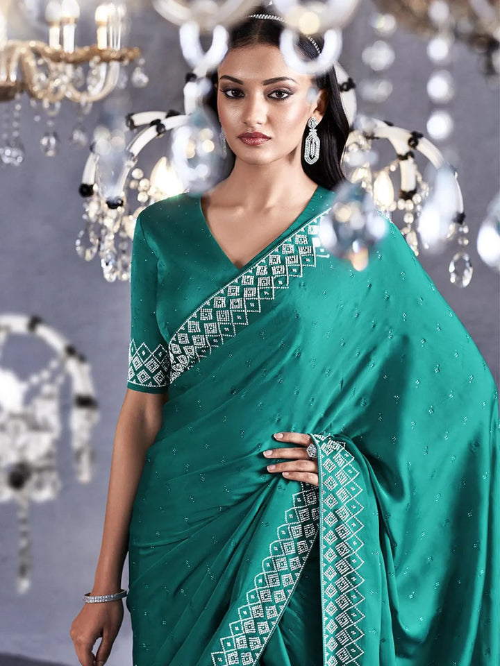 Sea Green Art Silk Georgette Silver Embroidered Border Design Saree Party Wear - VJV Now