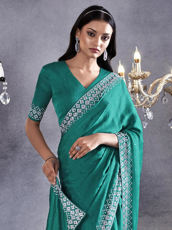 Sea Green Art Silk Georgette Silver Embroidered Border Design Saree Party Wear - VJV Now