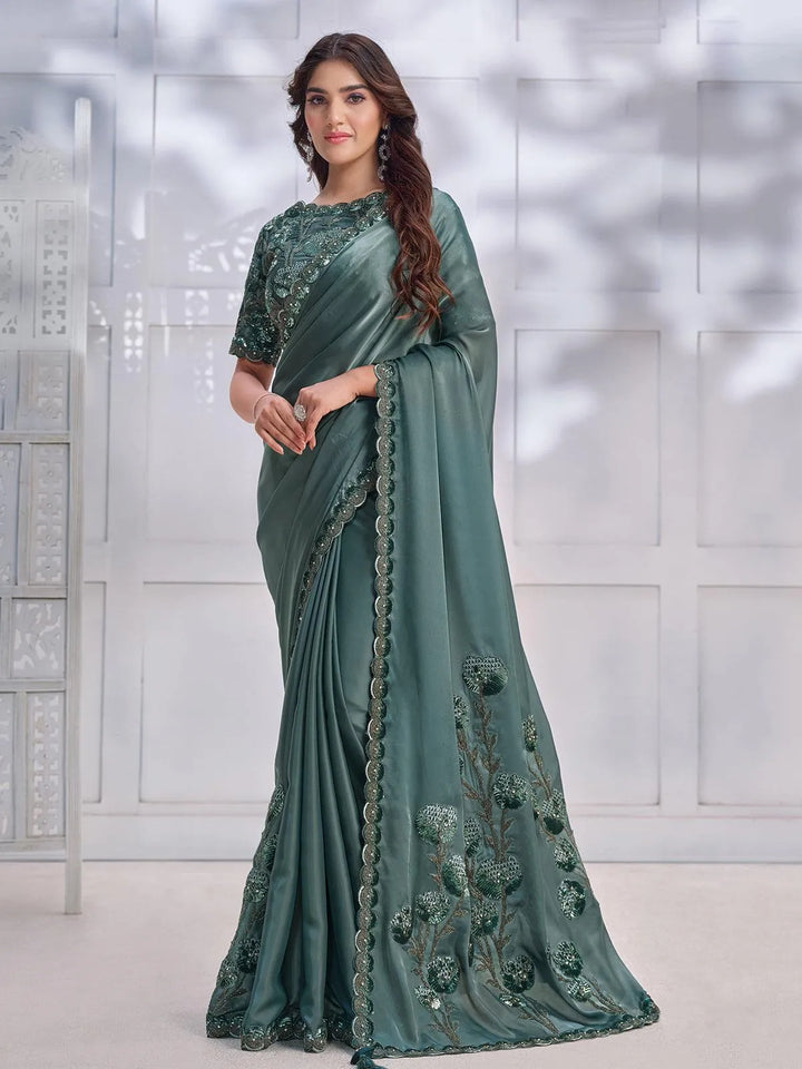 Sea Green Color Art Silk White Embroidered and Stone Work Saree - VJV Now