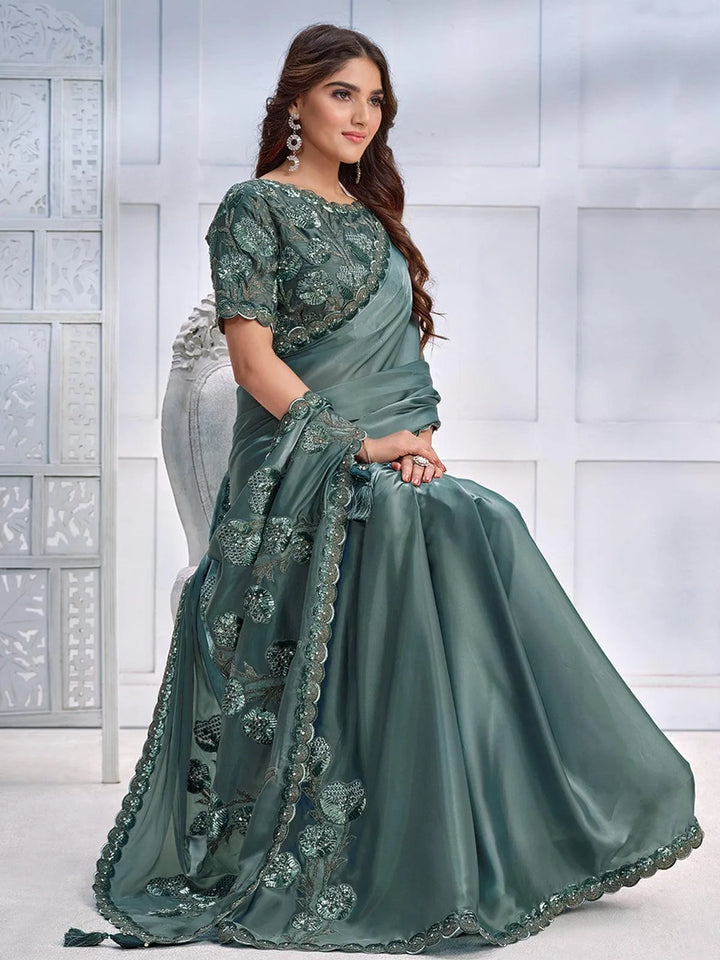 Sea Green Color Art Silk White Embroidered and Stone Work Saree - VJV Now