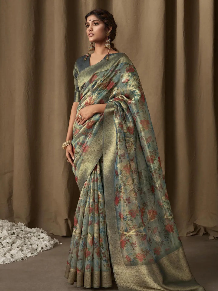 Sea Green Digital Printed Zari Work Banarasi Saree - VJV Now