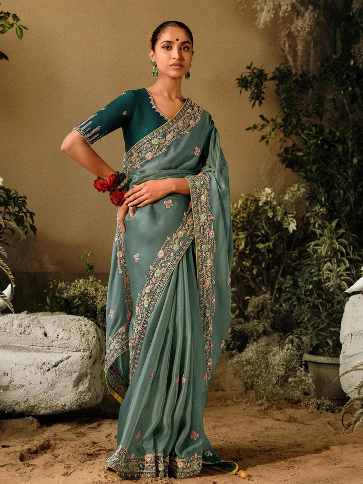 Sea Green Dola Silk Embroidered Hand Work Saree Party Wear - VJV Now