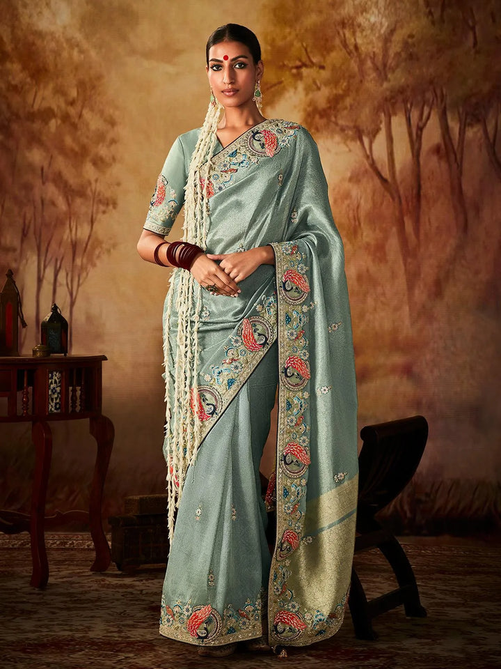 Sea Green Embroidered Work Silk Saree - VJV Now