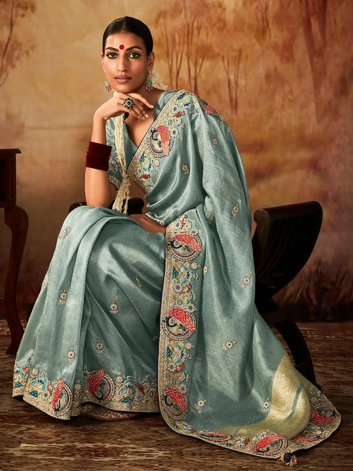 Sea Green Embroidered Work Silk Saree - VJV Now