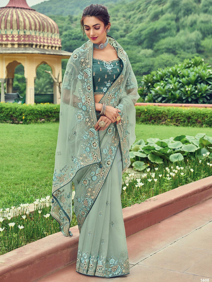 Sea Green heavy embroidered Silk saree - VJV Now
