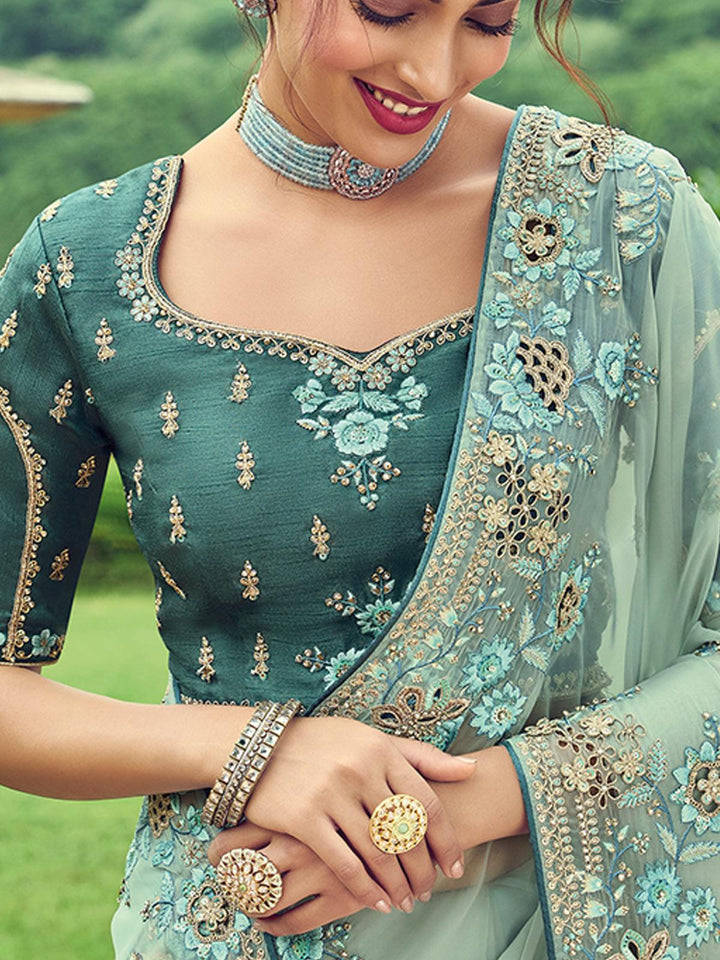 Sea Green heavy embroidered Silk saree - VJV Now