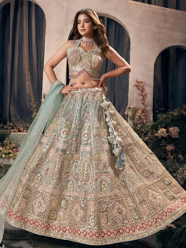 Sea Green Multi Embroidered Work Umbrella Lehenga Coli - VJV Now