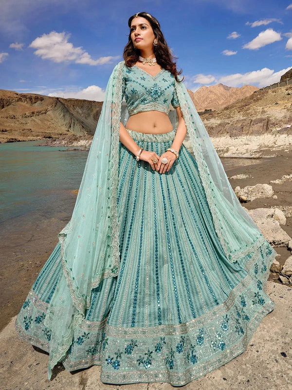 Sea Green Net Embroidered and Mirror Work Umberalla Lehenga Choli Designer Wear - VJV Now