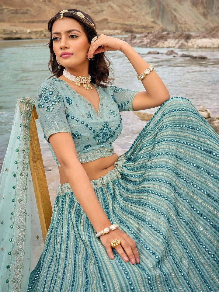 Sea Green Net Embroidered and Mirror Work Umberalla Lehenga Choli Designer Wear - VJV Now