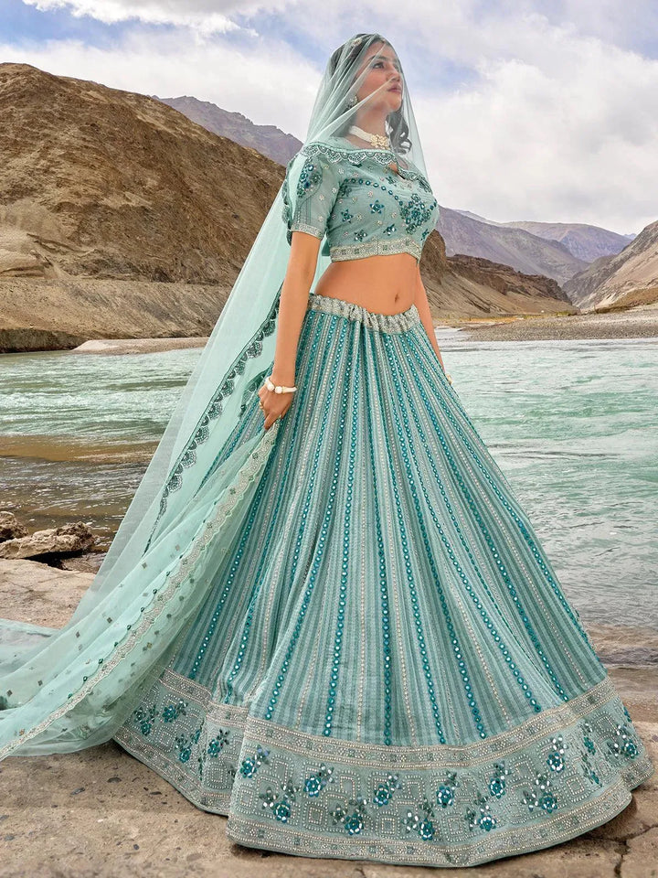 Sea Green Net Embroidered and Mirror Work Umberalla Lehenga Choli Designer Wear - VJV Now