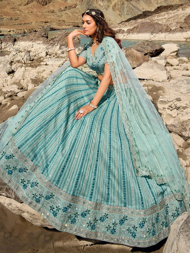 Sea Green Net Embroidered and Mirror Work Umberalla Lehenga Choli Designer Wear - VJV Now