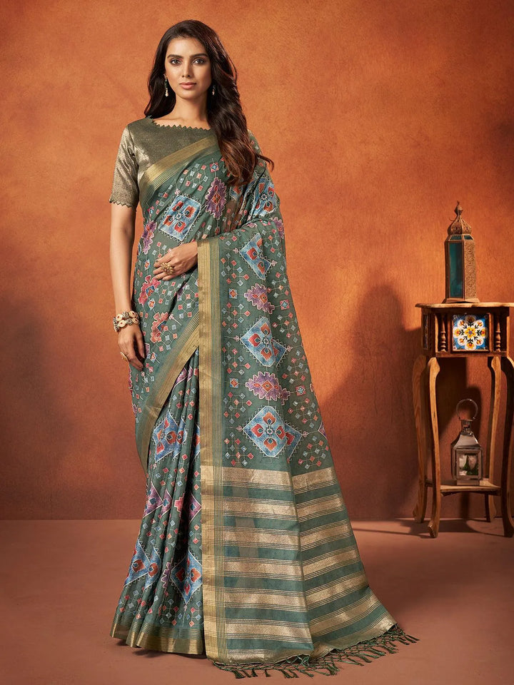 Sea Green Printed Work Crepe Soft Silk Saree - VJV Now