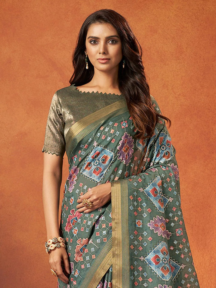 Sea Green Printed Work Crepe Soft Silk Saree - VJV Now