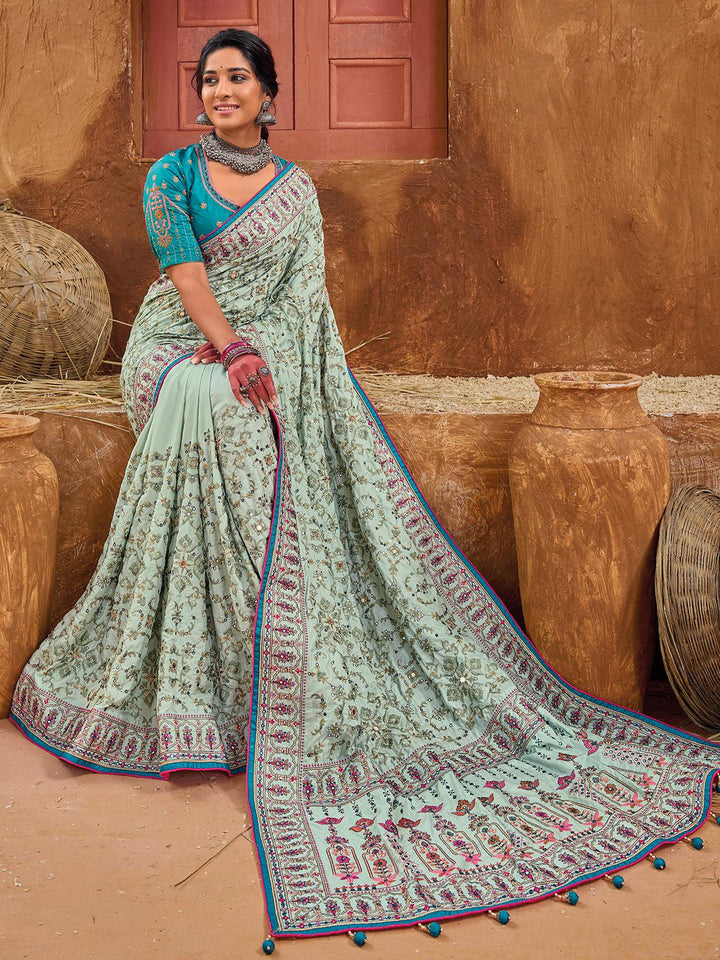 Sea Green Pure Banarasi Silk Saree With Kutchi Work & Mirror Heavy Work - VJV Now