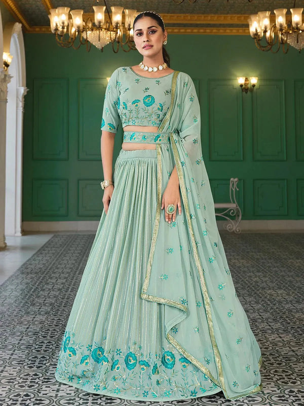 Sea Green Sequince Embroidered Work Umbrella Lehenga Choli Design Wedding Wear - VJV Now