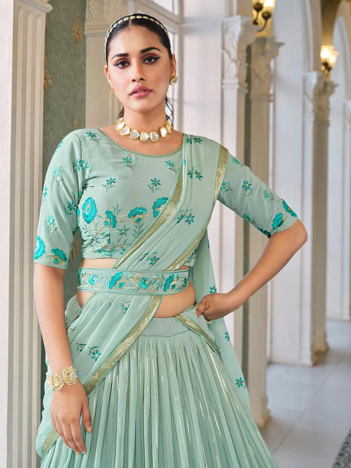 Sea Green Sequince Embroidered Work Umbrella Lehenga Choli Design Wedding Wear - VJV Now