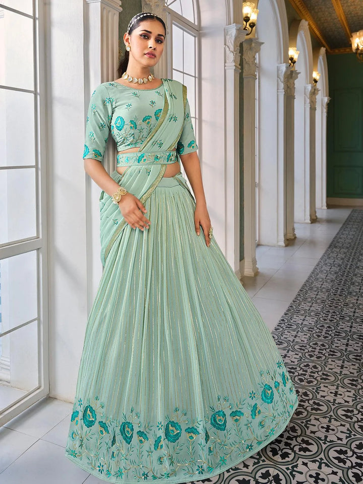 Sea Green Sequince Embroidered Work Umbrella Lehenga Choli Design Wedding Wear - VJV Now