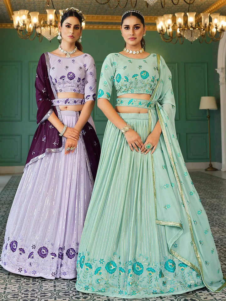 Sea Green Sequince Embroidered Work Umbrella Lehenga Choli Design Wedding Wear - VJV Now