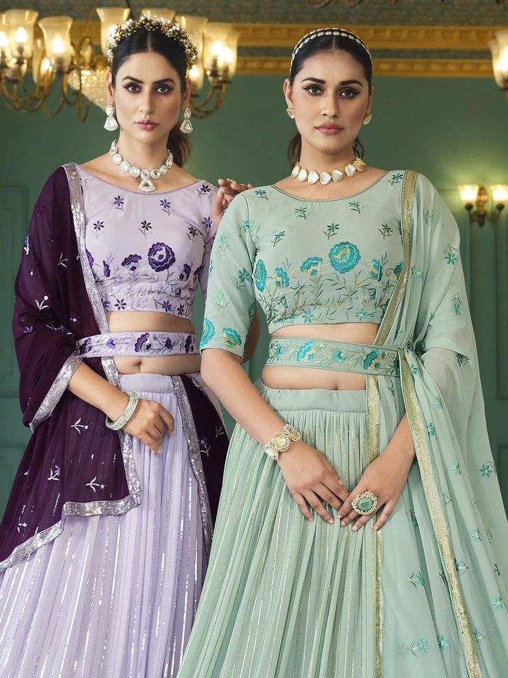 Sea Green Sequince Embroidered Work Umbrella Lehenga Choli Design Wedding Wear - VJV Now