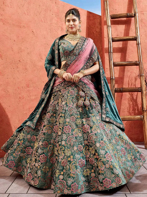 Sea Green Velvet Heavy Hand Work Umbrella Lehenga Choli With Double Dupatta Wedding Wear - VJV Now