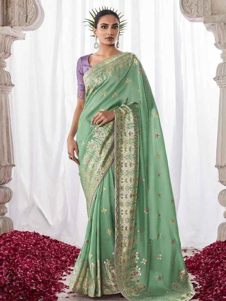 Sea Green Woven Georgette Silk Saree Party Wear - VJV Now