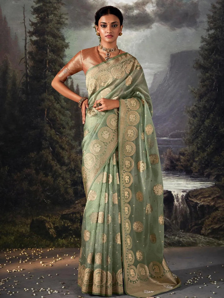 Sea Green Zari Weaving Banarasi Organza Silk Saree - VJV Now