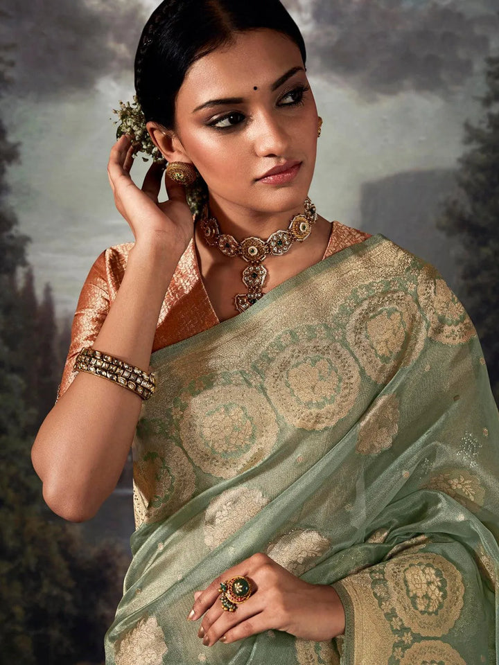 Sea Green Zari Weaving Banarasi Organza Silk Saree - VJV Now