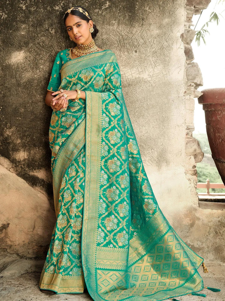 Sea Green Zari Work Banarasi Silk Saree - VJV Now