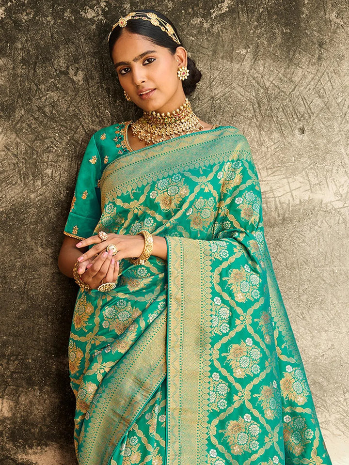 Sea Green Zari Work Banarasi Silk Saree - VJV Now