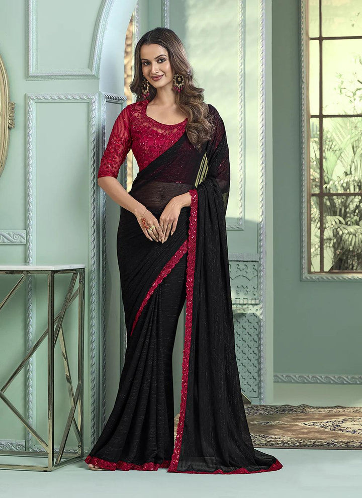 Sequined Black Chiffon Embroidered Party Wear Saree with Stunning Maroon Blouse - VJV Now