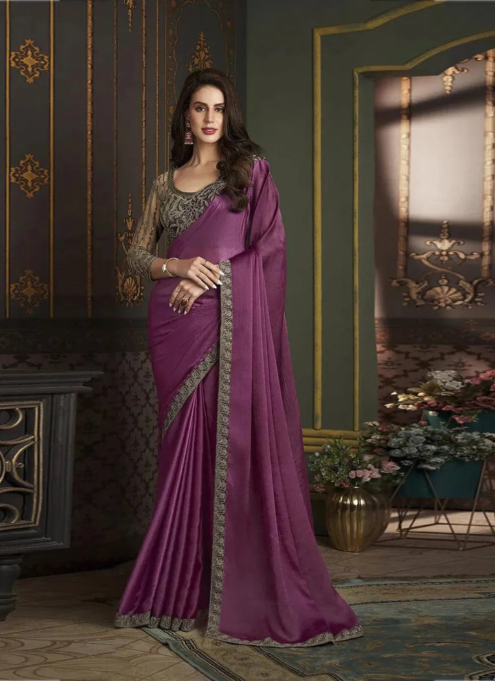 Sequins Satin Silk Party Wear Saree In Purple - VJV Now