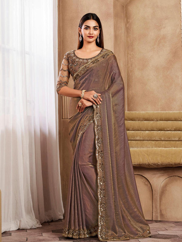 Shimmering Brown Sequin Silk Saree for party wear - VJV Now