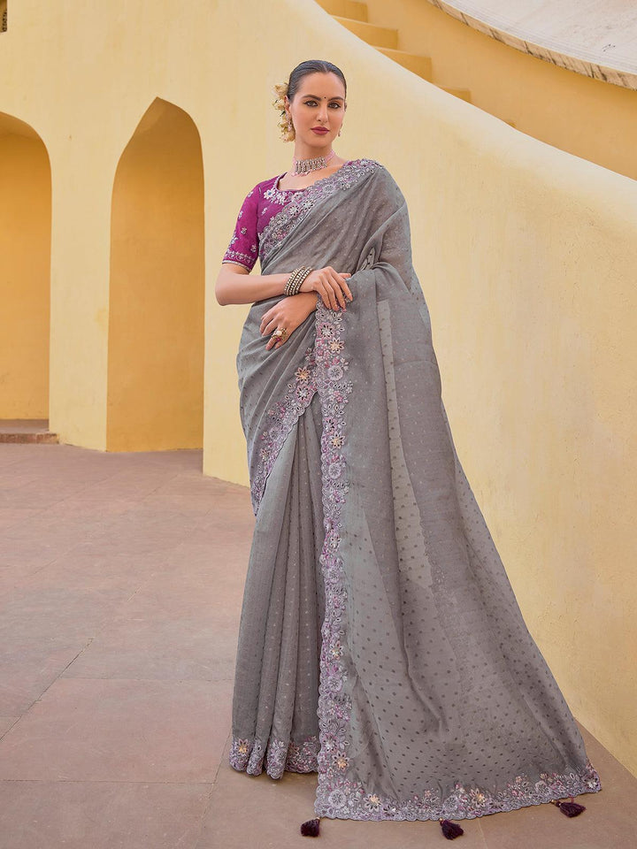 Shimmering Grey Saree in Tissue Silk with Purple Blouse for weeding Reception - VJV Now