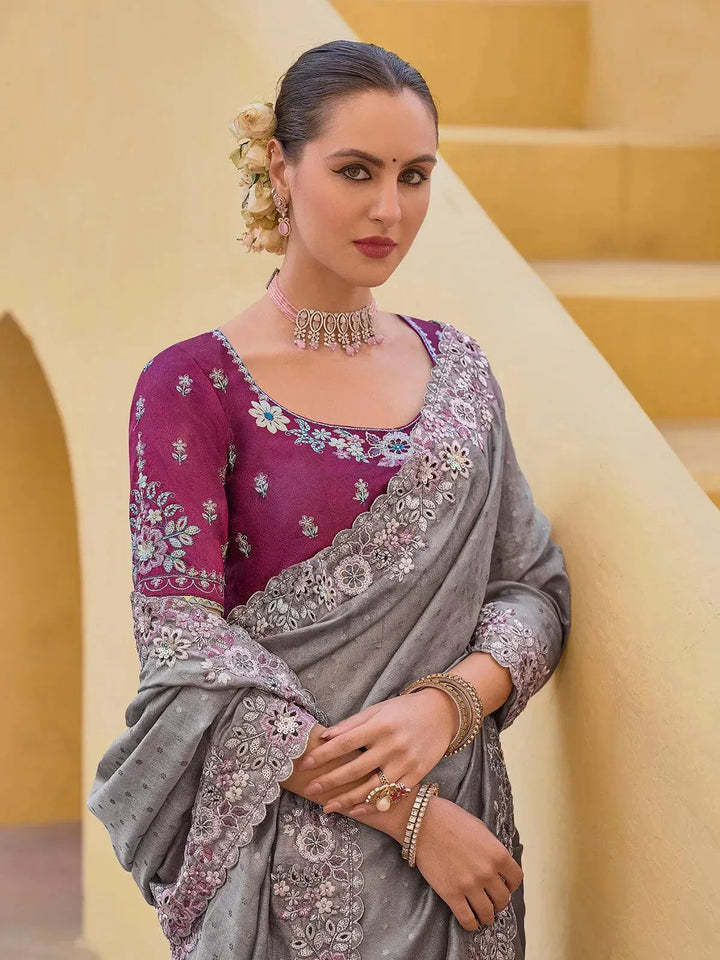 Shimmering Grey Saree in Tissue Silk with Purple Blouse for weeding Reception - VJV Now