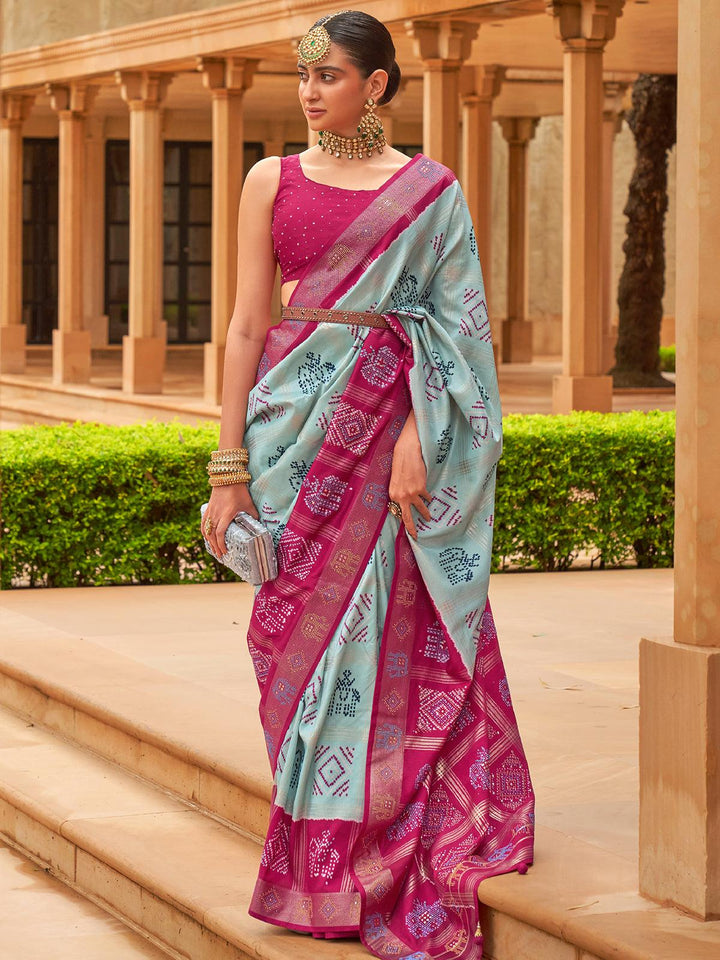 Sky Blue And Pink Woven Patola Silk Saree - VJV Now