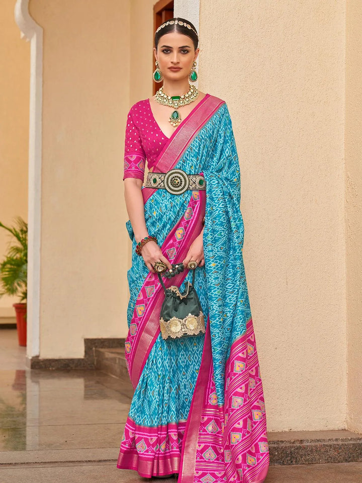 Sky Blue Color Designer Patola Silk Saree - VJV Now