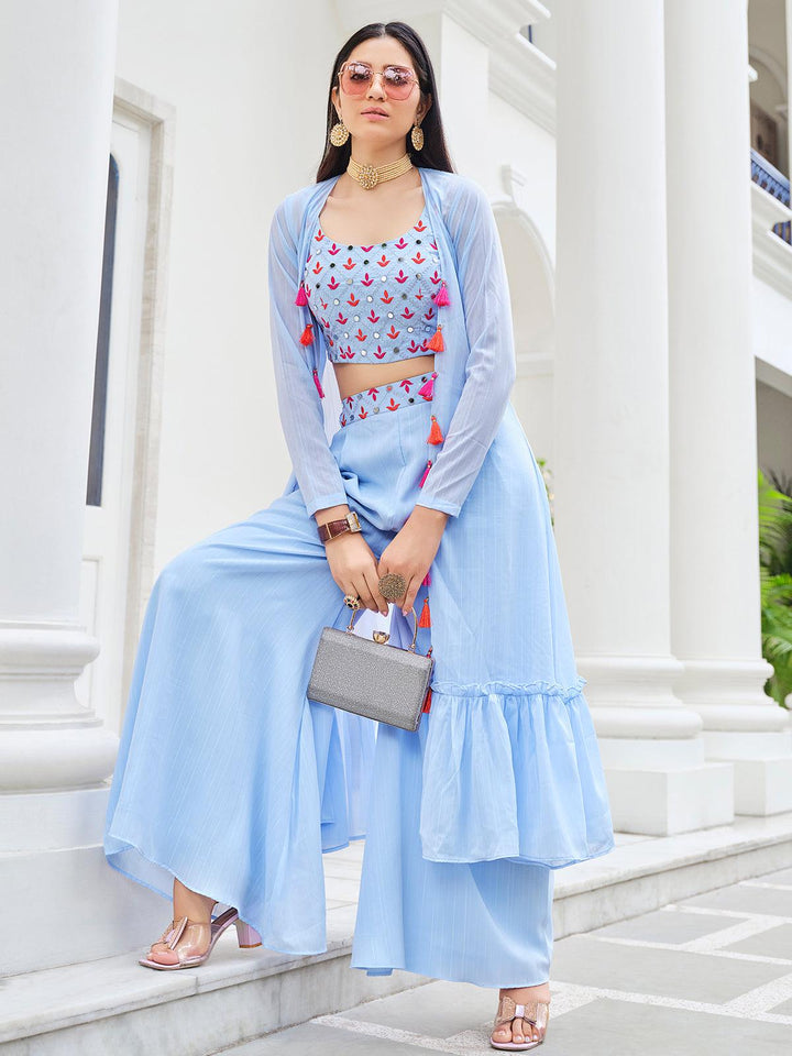Sky Blue Designer Koti Style Embroidered Work with Mirror choli with Palazzo Set - VJV Now