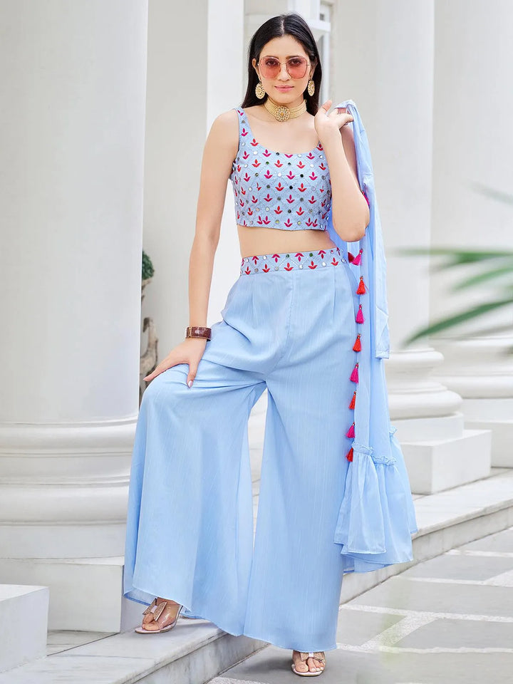 Sky Blue Designer Koti Style Embroidered Work with Mirror choli with Palazzo Set - VJV Now