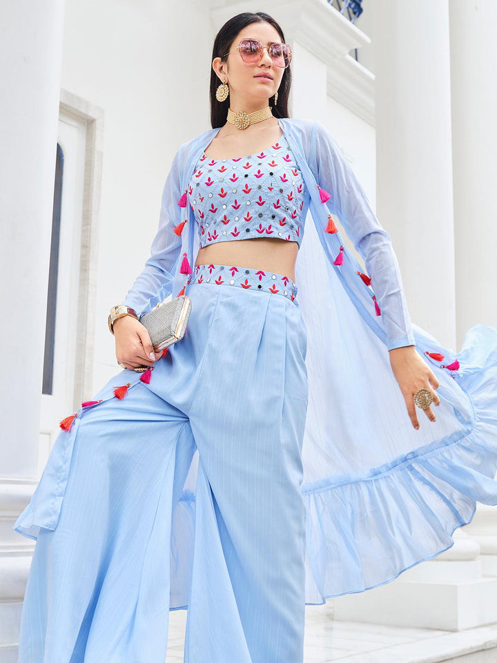 Sky Blue Designer Koti Style Embroidered Work with Mirror choli with Palazzo Set - VJV Now