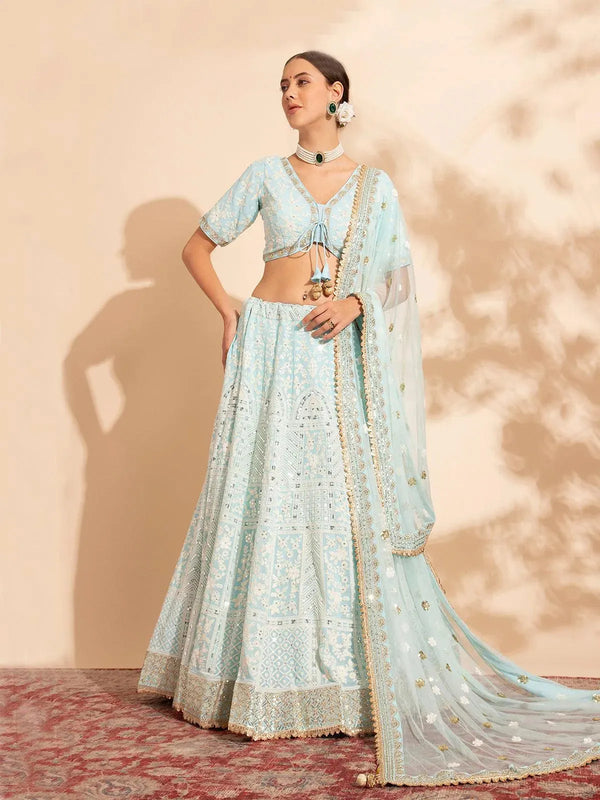 Sky Blue Embroidered Bridal Lehenga Choli with Premium Net Dupatta for weeding wear - VJV Now