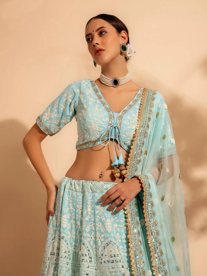 Sky Blue Embroidered Bridal Lehenga Choli with Premium Net Dupatta for weeding wear - VJV Now