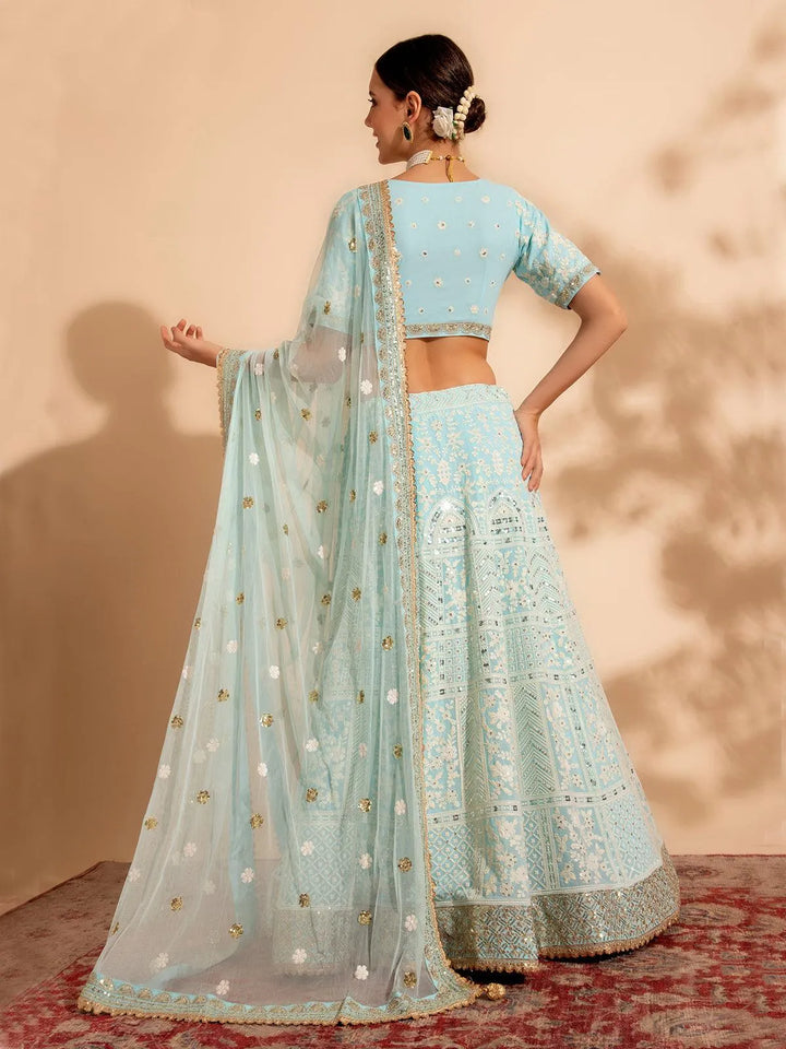 Sky Blue Embroidered Bridal Lehenga Choli with Premium Net Dupatta for weeding wear - VJV Now