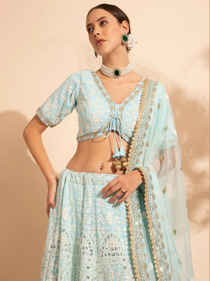 Sky Blue Embroidered Bridal Lehenga Choli with Premium Net Dupatta for weeding wear - VJV Now