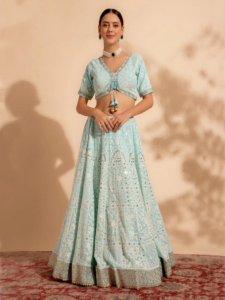 Sky Blue Embroidered Bridal Lehenga Choli with Premium Net Dupatta for weeding wear - VJV Now