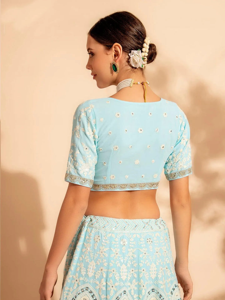 Sky Blue Embroidered Bridal Lehenga Choli with Premium Net Dupatta for weeding wear - VJV Now