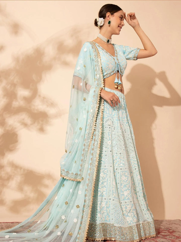 Sky Blue Embroidered Bridal Lehenga Choli with Premium Net Dupatta for weeding wear - VJV Now